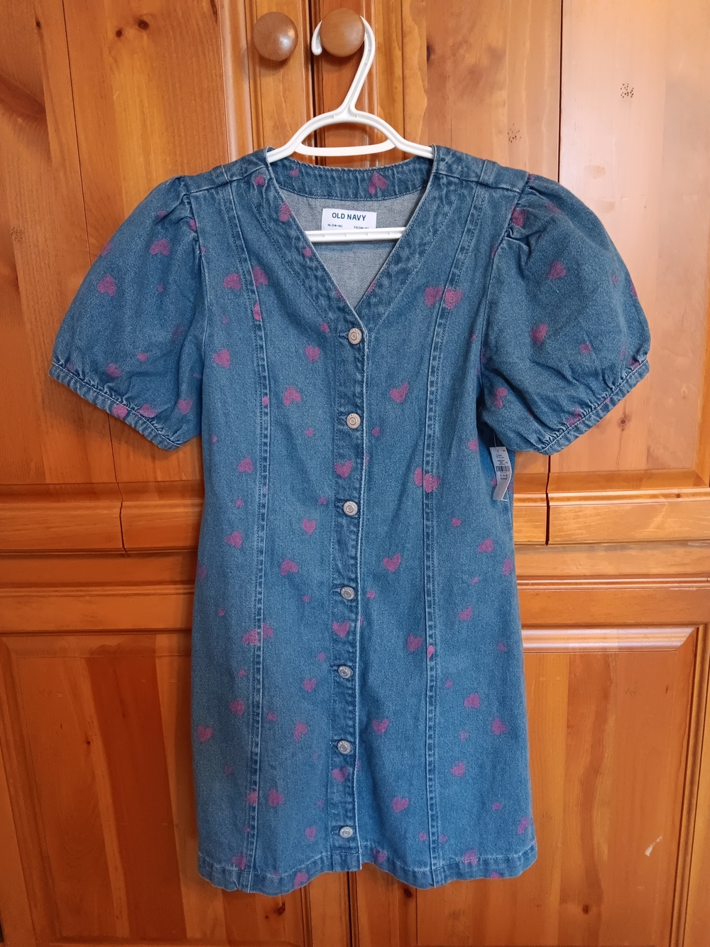 Old Navy Blue Denim Dress with Pink Heart Accents
